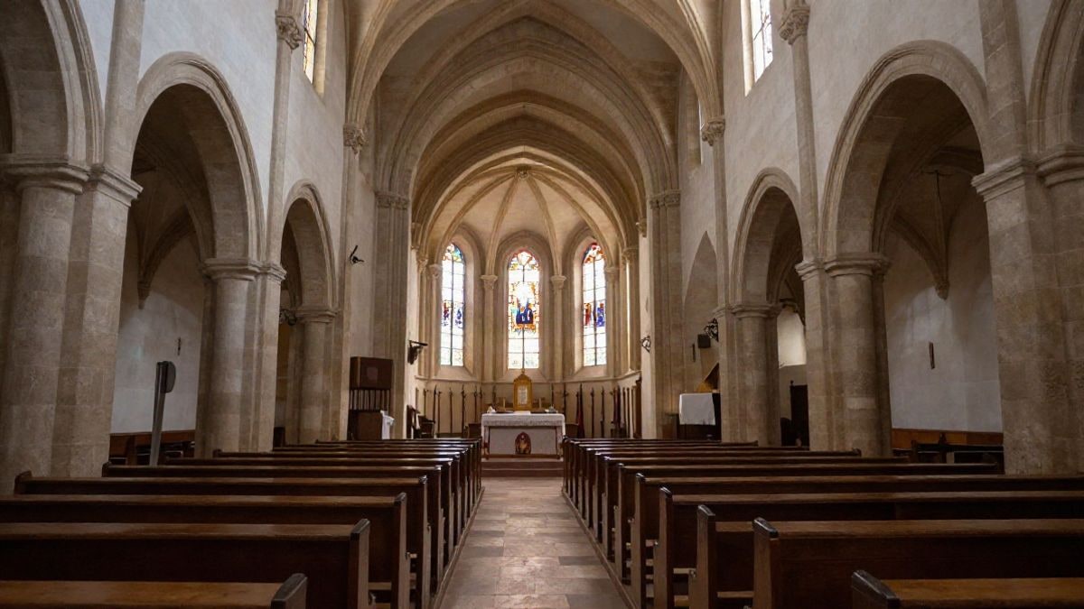 Illustrative image: interior of an empty church with arches and pews converging towards the altar