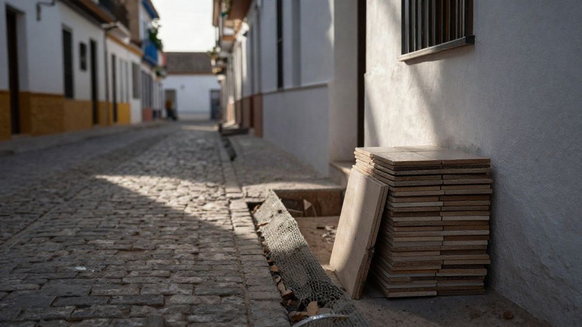 Illustrative image: narrow street under construction with pavement and building materials next to a protected trench