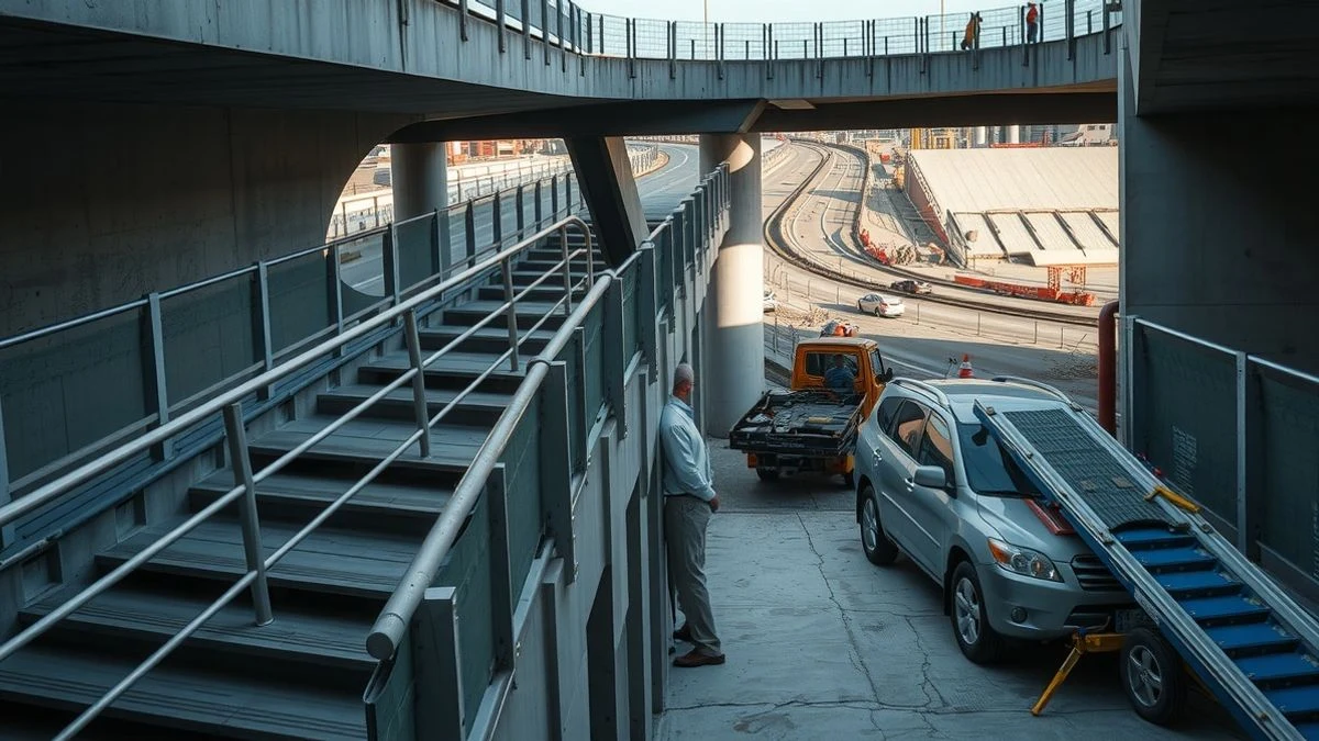 Imagen ilustrativa: escaleras de un paso peatonal elevado sobre una autovía, con obras de construcción de rampas a los lados.