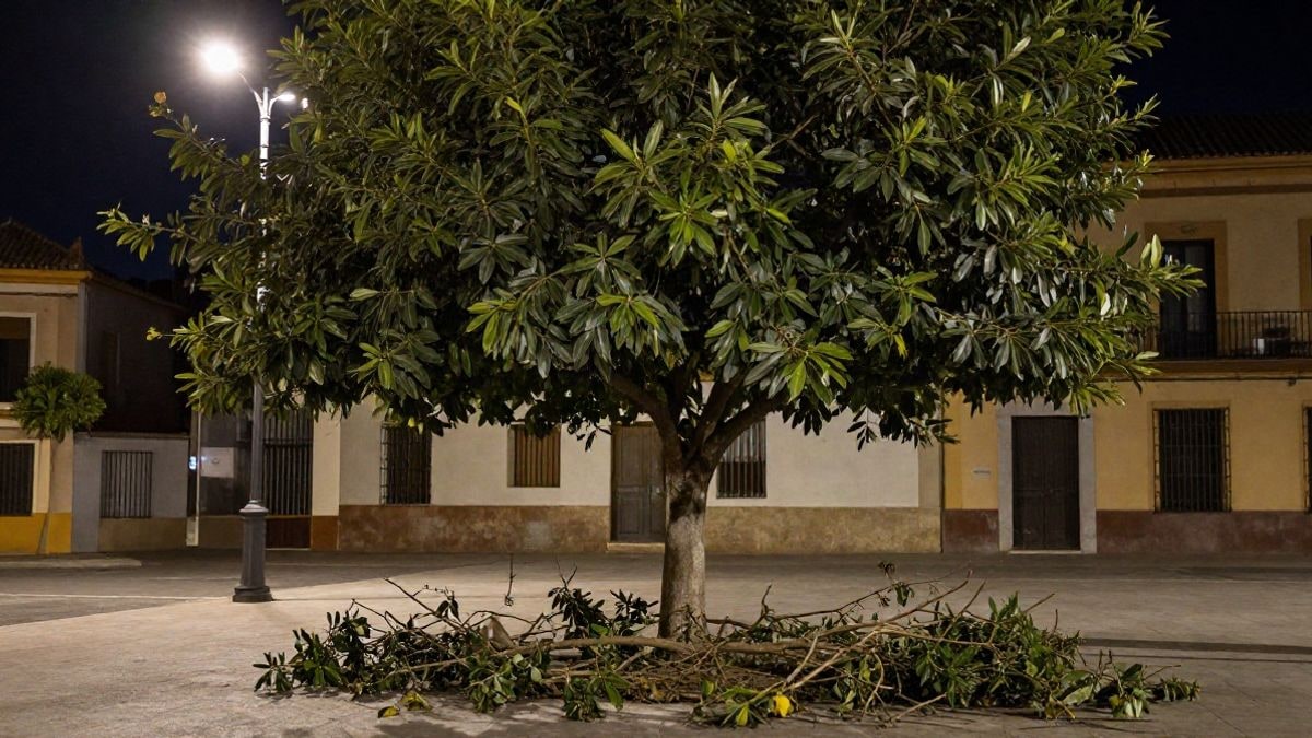 Imagen ilustrativa: un gran ficus en una plaza urbana de noche, con ramas caídas en el suelo y luz de farola.