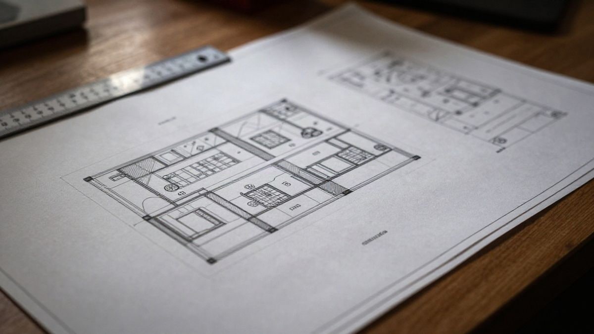 Imagen ilustrativa: planos arquitectónicos y regla sobre una mesa de madera