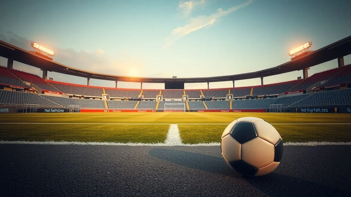 Illustrative image: Football field at sunset with empty goal and blurred ball in foreground.