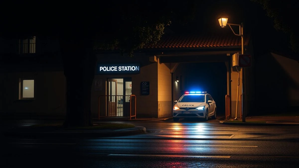 Facade of the National Police station at night with patrol car