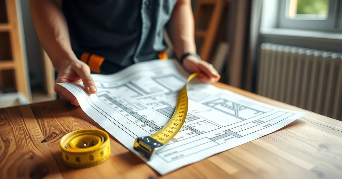 Hands holding a plan and a tape measure on a wooden table, with a construction background