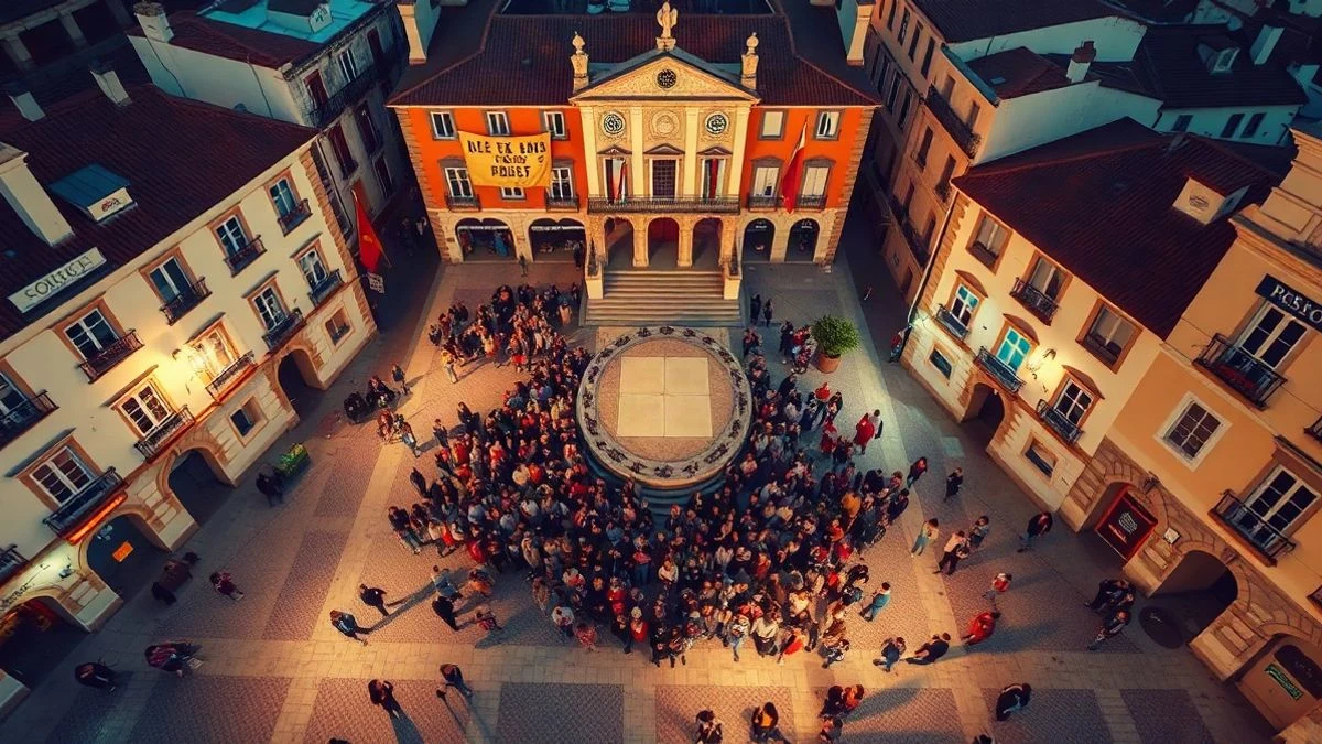Imagen ilustrativa: vista aérea de una plaza de pueblo con un acto institucional al atardecer.
