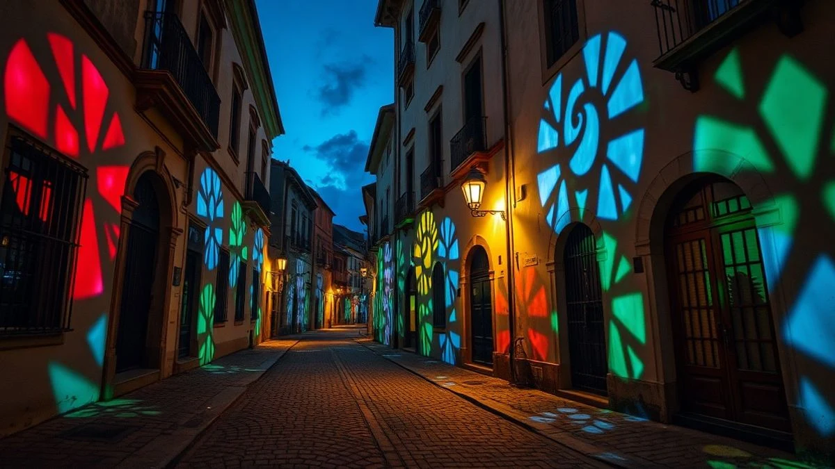 Cobblestone street with colourful light projections on the facades of old buildings at sunset