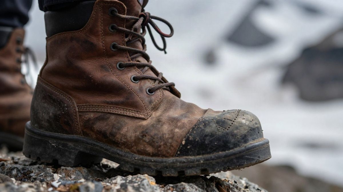 Illustrative image: close-up of a worn mountain boot on a rocky surface