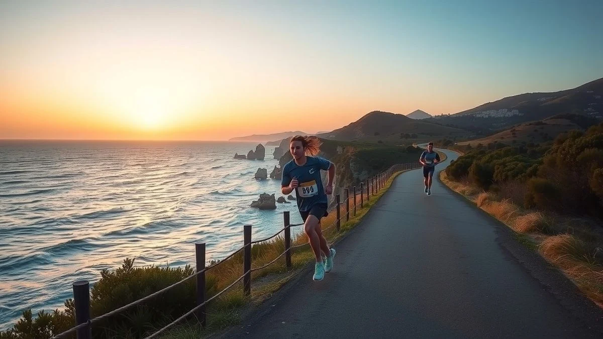 Illustrative image: an empty coastal path at dawn by the Mediterranean Sea, with green hills in the background and dramatic natural light.