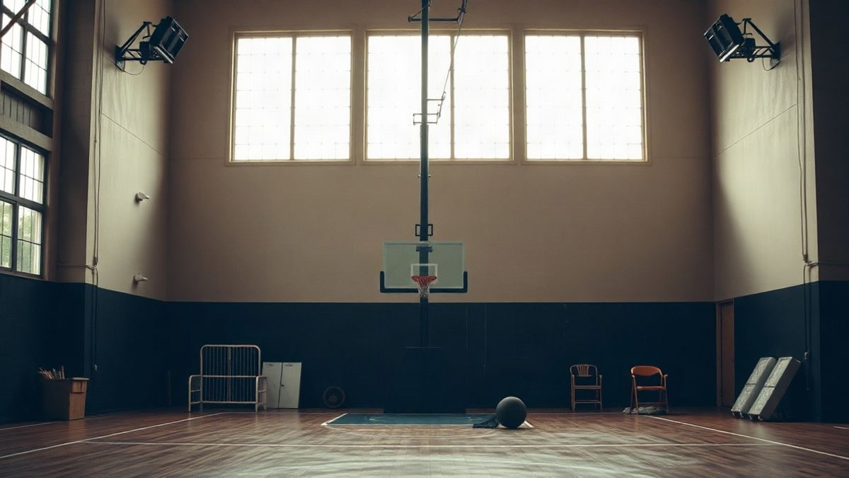 Imagen ilustrativa: interior de un pabellón deportivo vacío con una canasta de baloncesto y material deportivo.