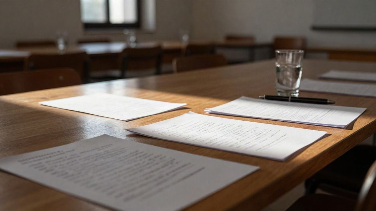 Imagen ilustrativa: detalle de una mesa de reunión con papeles y un vaso de agua en una sala comunitaria