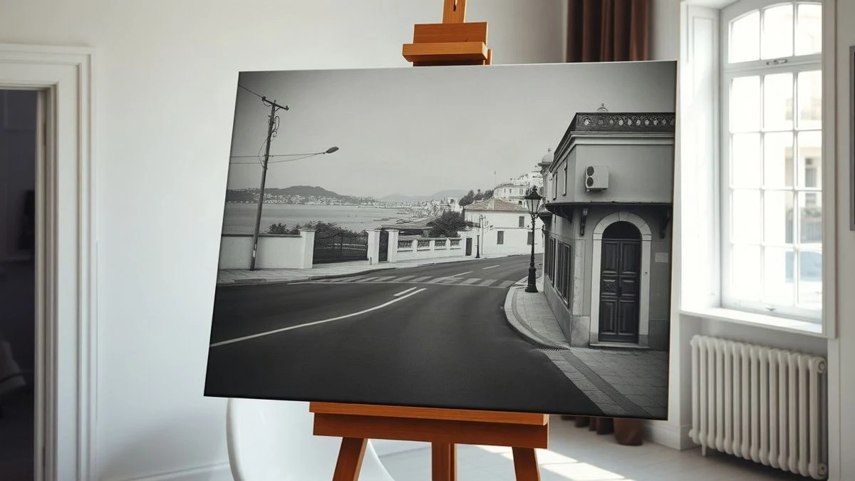 Illustrative image: an old black-and-white photograph of a Spanish street from the 1960s, displayed on a stand next to a window with natural light.