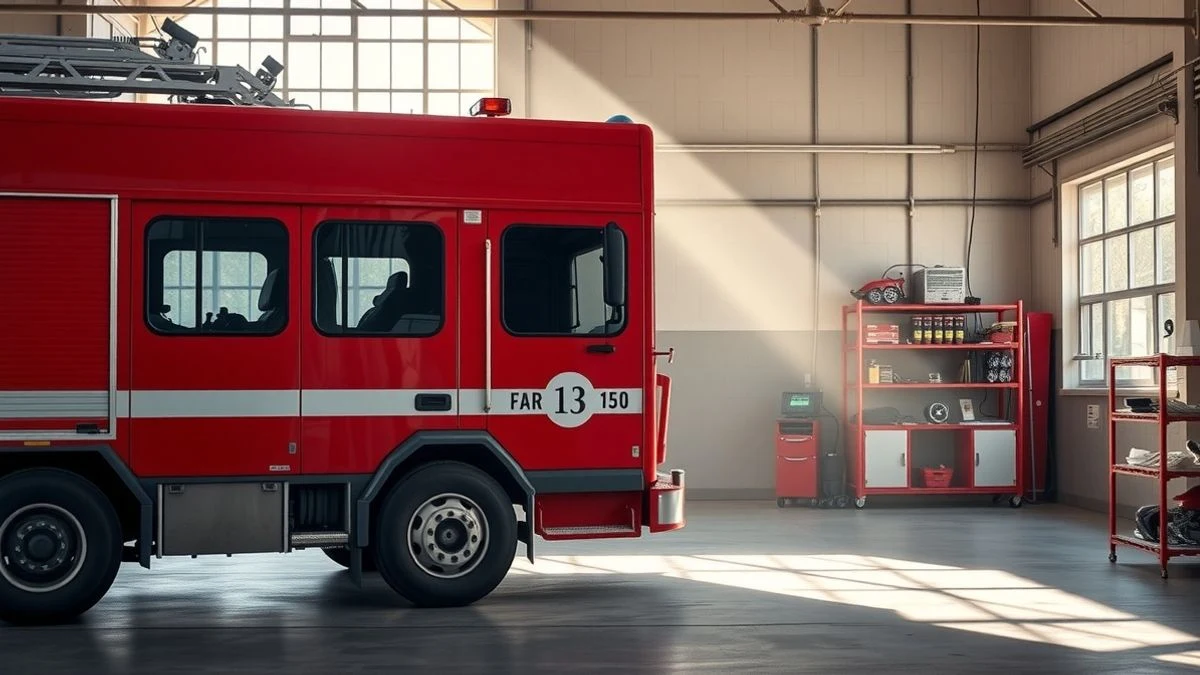Illustrative image: a modern red fire truck parked in a fire station lit by natural light