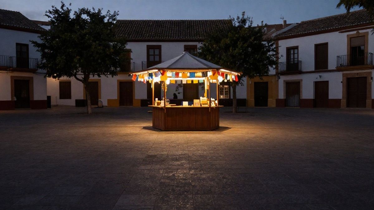 Imagen ilustrativa: caseta de feria decorada con guirnaldas y luces cálidas en una plaza al atardecer