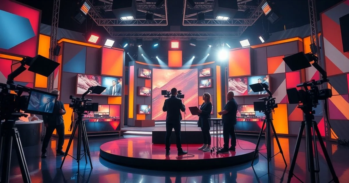 Plató de televisión vacío y colorido con focos y cámaras