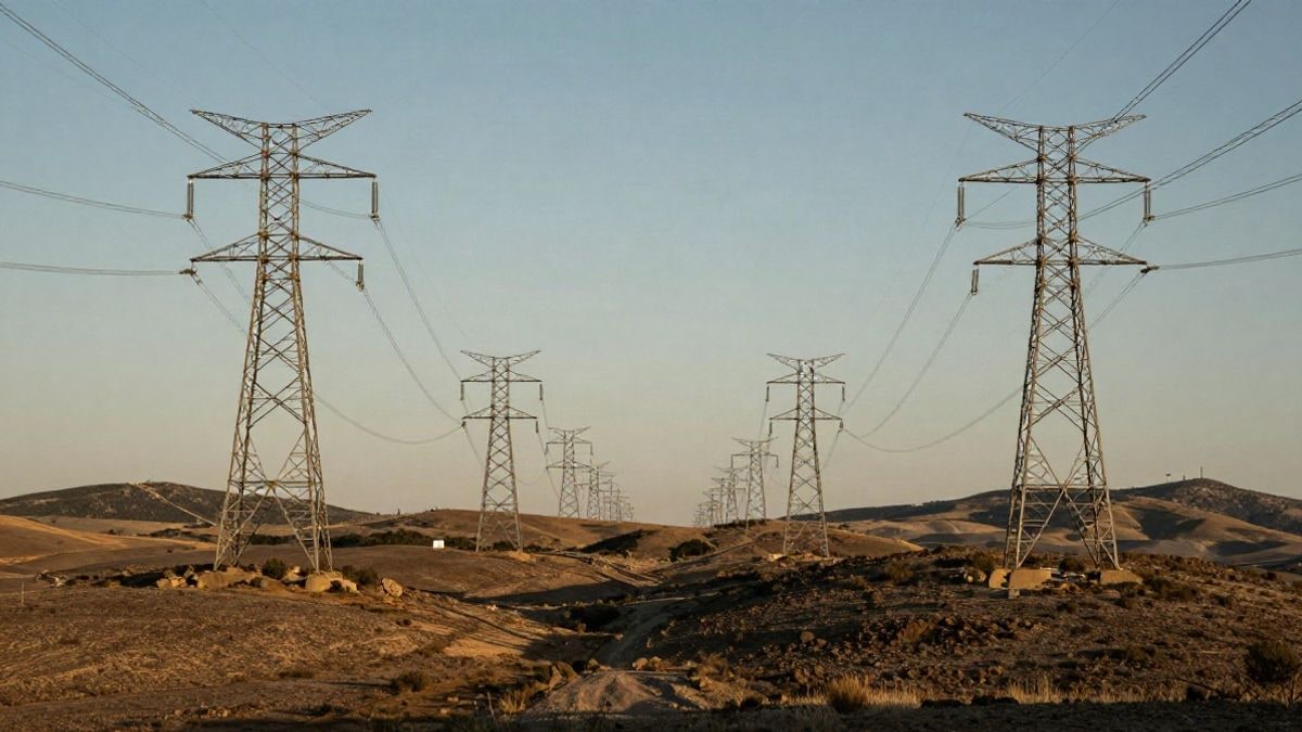 Illustrative image: metal high-tension towers extending straight across a dry hillside at sunset