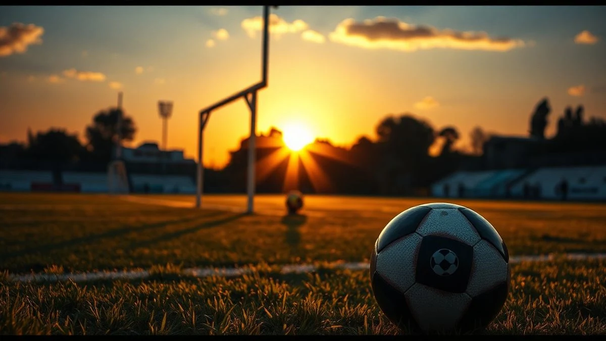Campo de fútbol al atardecer con césped artificial y un balón sobre el terreno, con sombras largas.