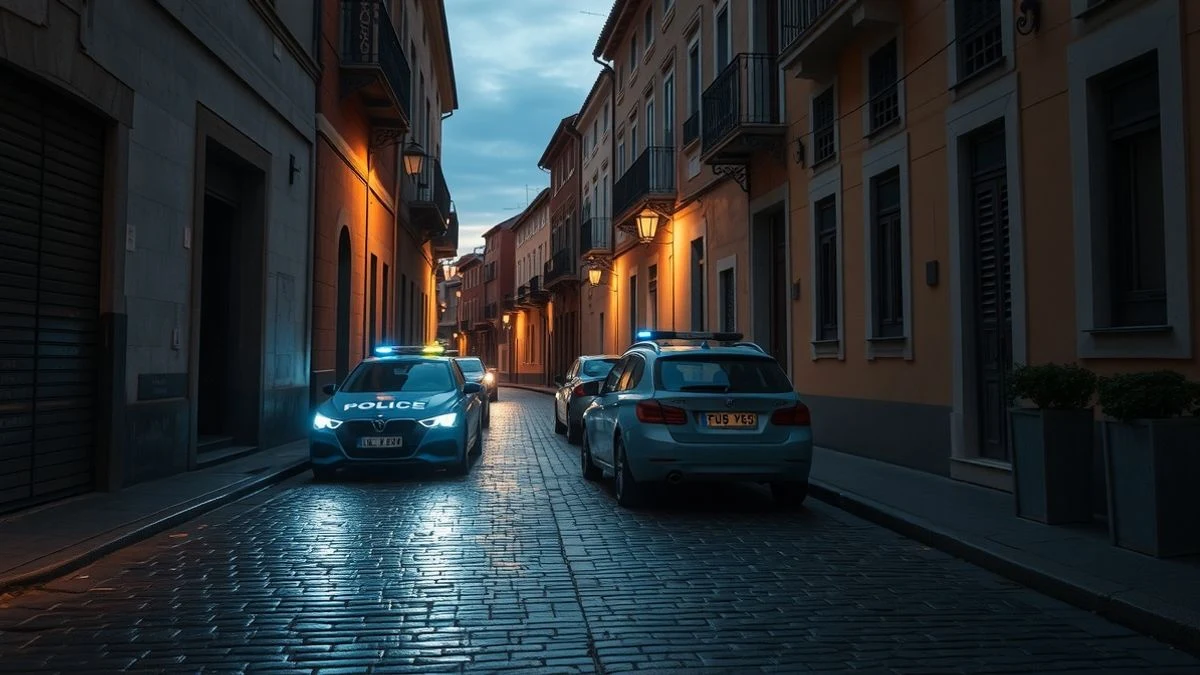 Calle adoquinada al atardecer con un coche policial y persianas cerradas en Antequera