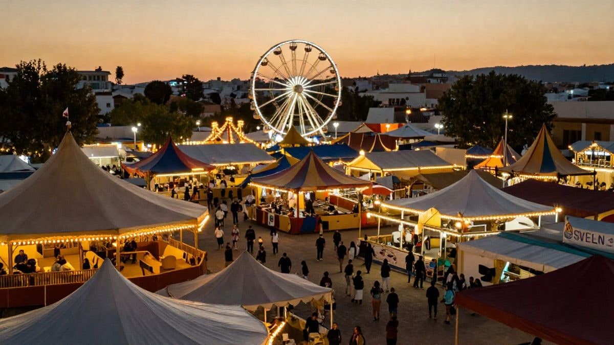Imagen ilustrativa: vista aérea de un recinto ferial con carpas iluminadas al atardecer