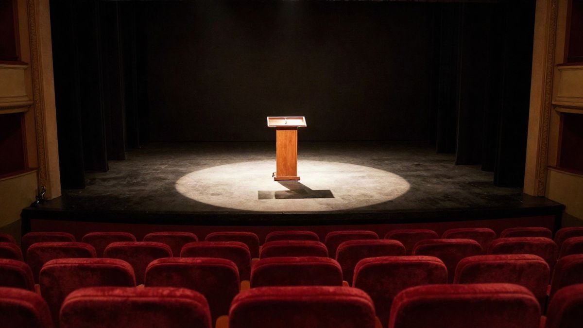 Illustrative image: a wooden lectern under a warm spotlight on the stage of an empty theatre, with long shadows at sunset