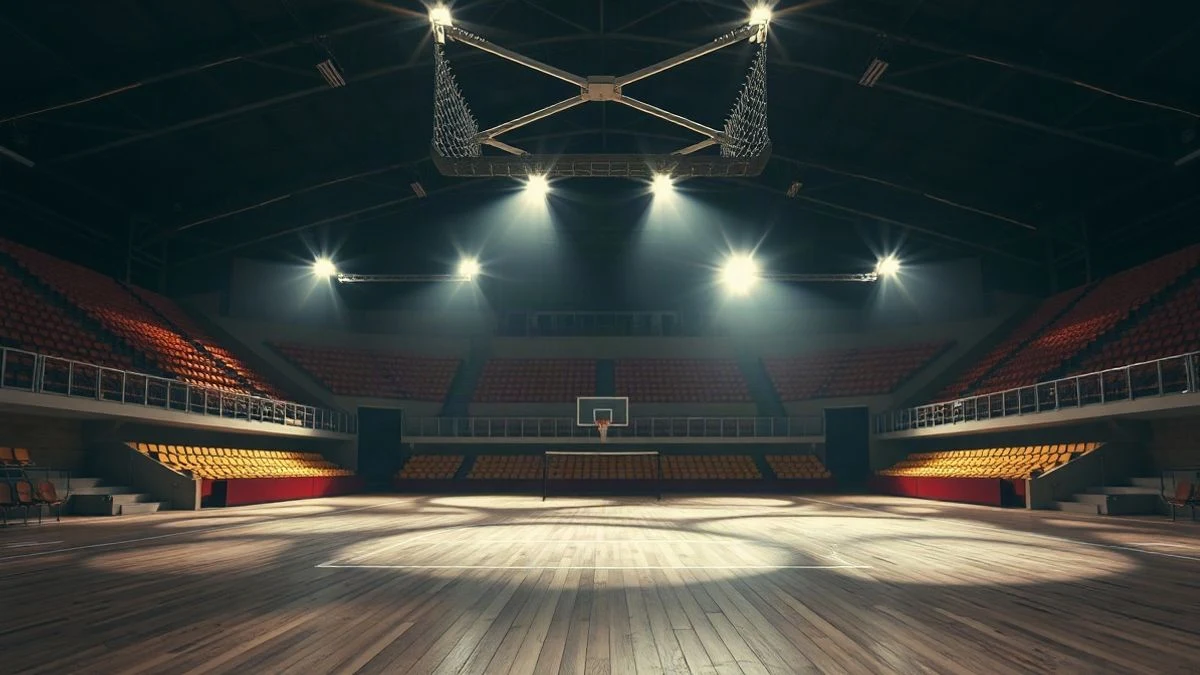 Imagen ilustrativa: interior de un pabellón deportivo con pista de madera iluminada y una portería de balonmano al fondo.