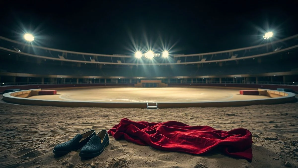 Imagen ilustrativa: un ruedo vacío iluminado por focos, con un capote rojo y unos zapatos de torero en la arena.
