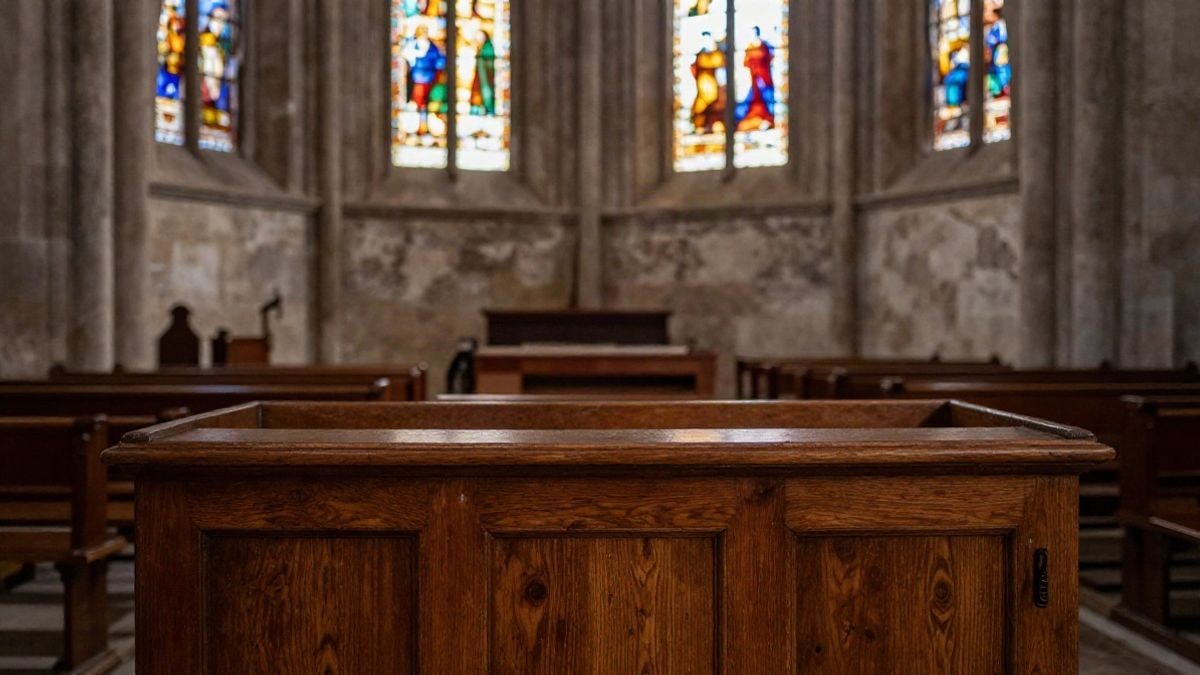 Imagen ilustrativa: interior de una catedral con luz tenue y un confesionario de madera en primer plano