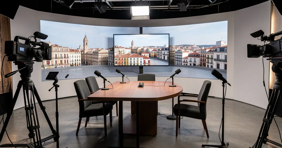 Empty television studio with chairs and microphones for local talk show