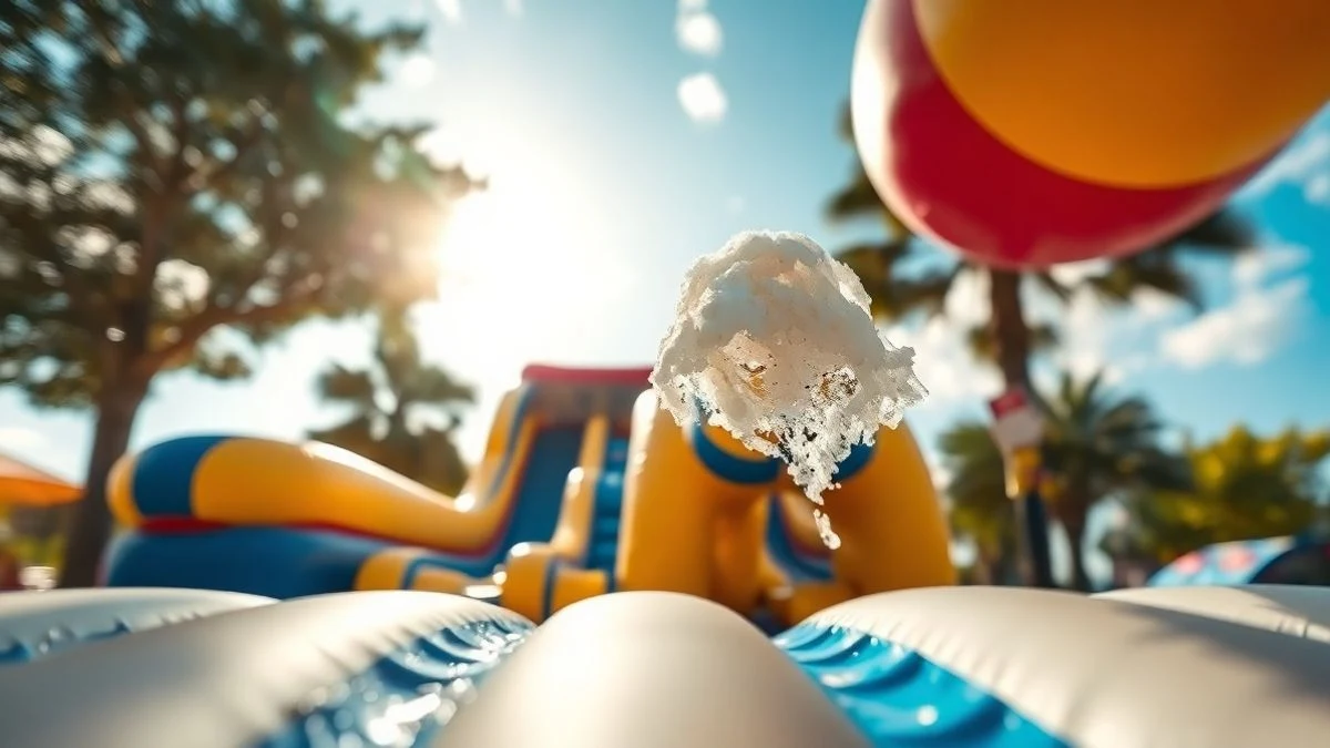 Imagen ilustrativa: un tobogán acuático inflable y un cañón de espuma en un parque soleado, vistos desde un ángulo bajo con el cielo de fondo.