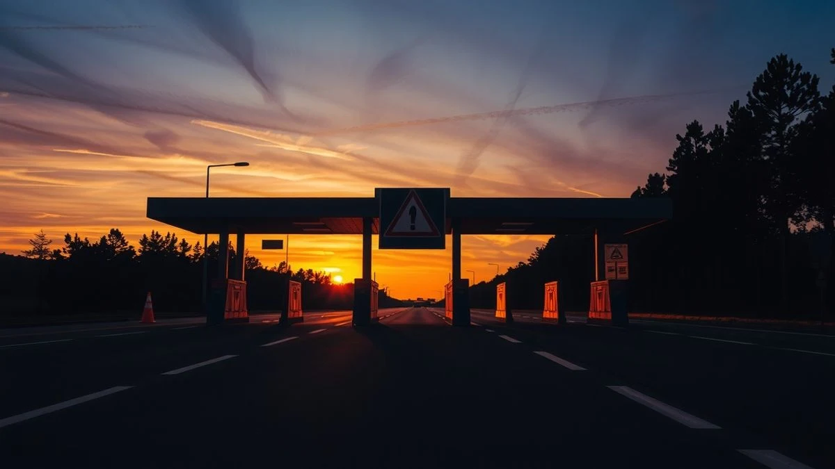 Barrera de peaje cerrada en una autopista con un triángulo de advertencia al atardecer