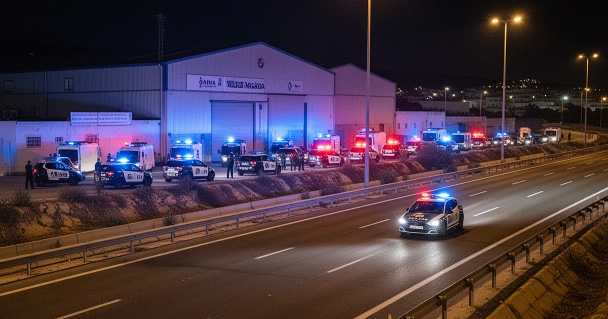 Police and fuel containers at a raid scene in Vélez-Málaga