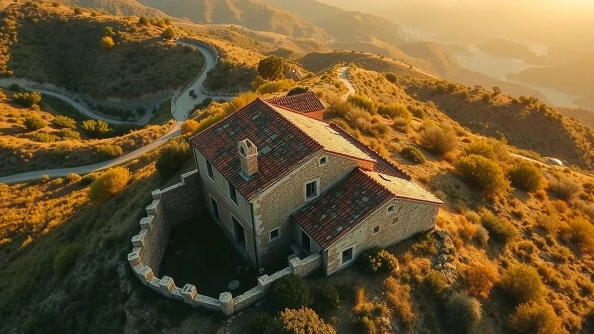 Vista aérea de un cortijo en ruinas en los Montes de Málaga, rodeado de vegetación, al atardecer.