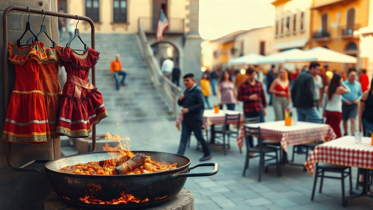 Imagen ilustrativa: una plaza andaluza con una paella al fuego y detalles de flamenco al atardecer