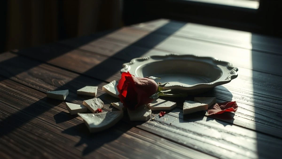 Broken plate on a dark wooden table with a red rose beside it, soft natural light