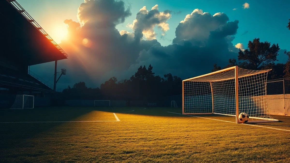 Imagen ilustrativa: campo de fútbol vacío al atardecer con un balón en el punto de penalti