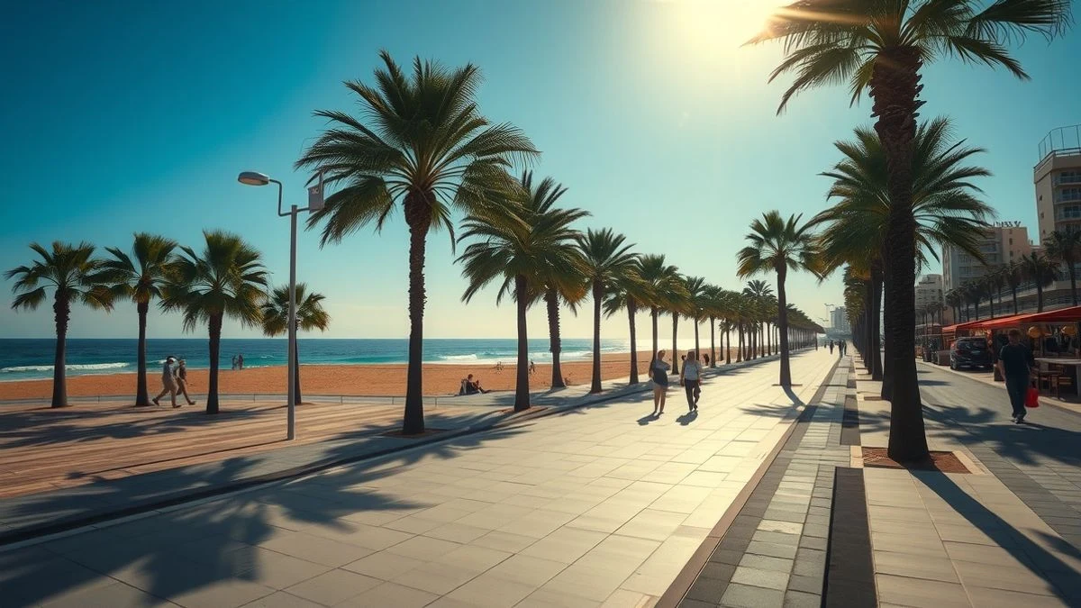Paseo marítimo de Málaga con palmeras y mar Mediterráneo al fondo en un día soleado de verano