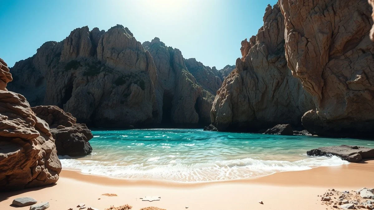 Imagen ilustrativa: cala de aguas turquesas rodeada de acantilados, con luz matinal y sombras alargadas.