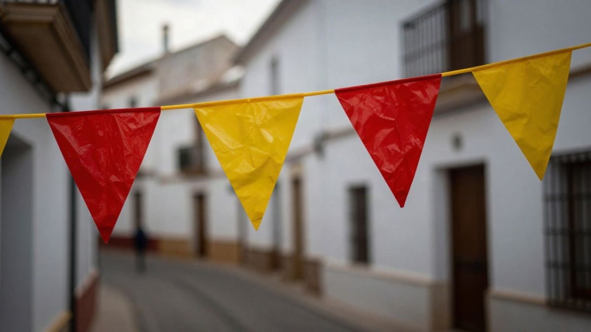 Imagen ilustrativa: banderines rojos y amarillos colgados en una calle estrecha de un pueblo blanco andaluz