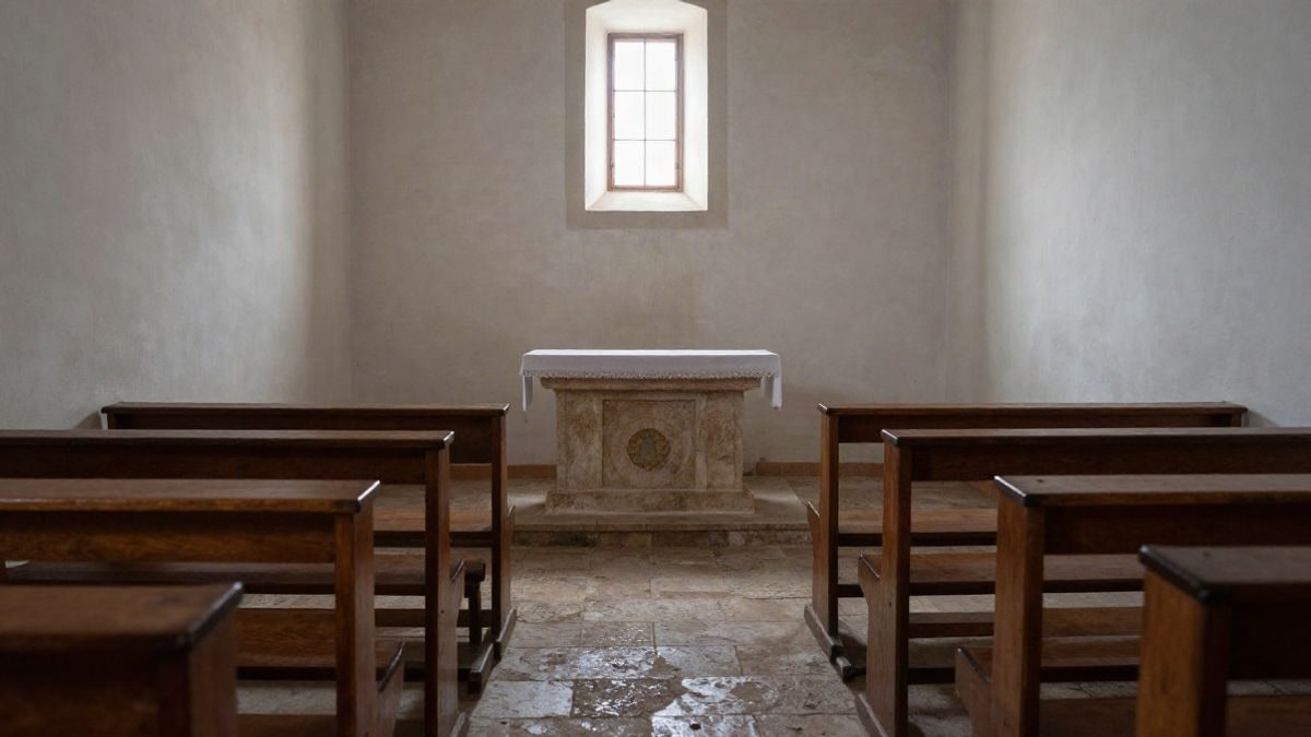Imagen ilustrativa: interior de una iglesia rural con luz lateral entrando por una ventana y bancos de madera