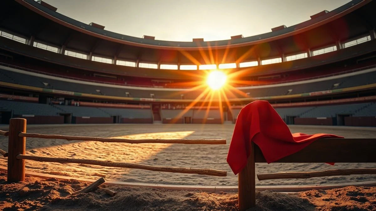 Imagen ilustrativa: ruedo de una plaza de toros al atardecer, con una capa roja sobre una barrera y sombras largas