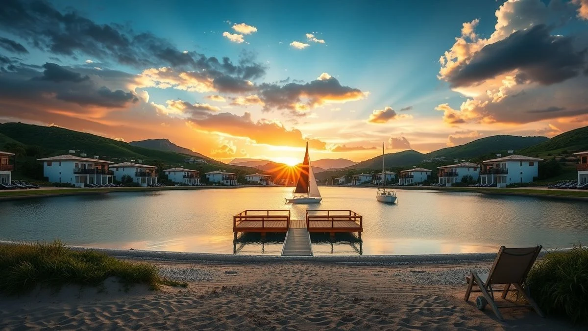 Imagen ilustrativa: lago artificial con embarcadero y edificios residenciales en colinas verdes al atardecer.