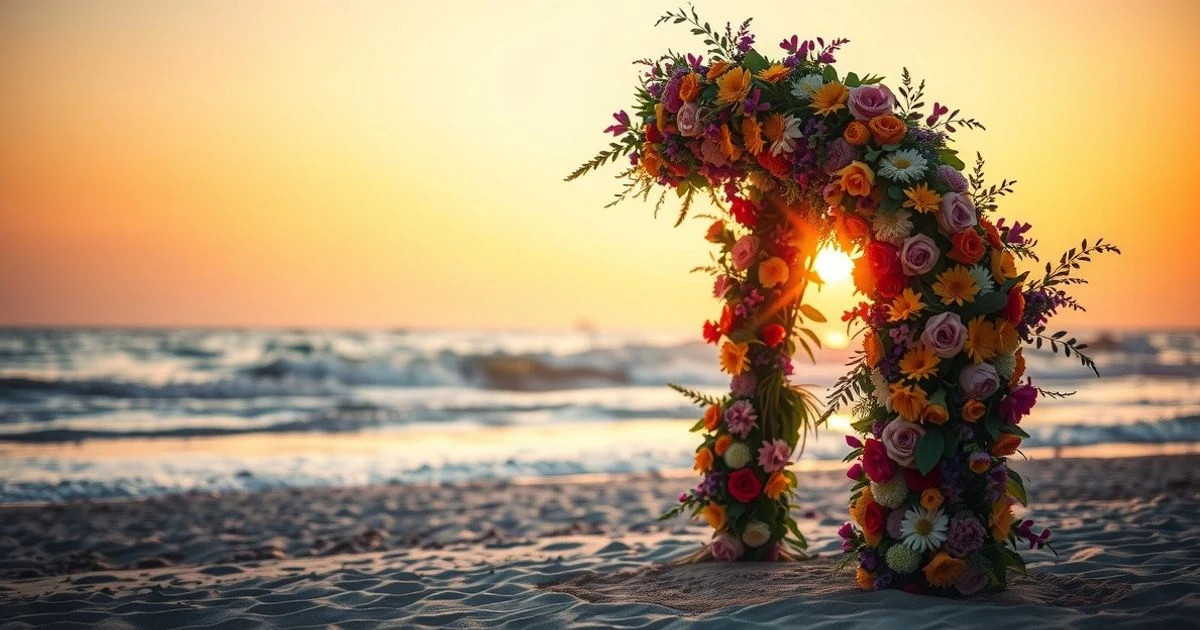 Arco floral artesanal en la playa de La Torrecilla al atardecer