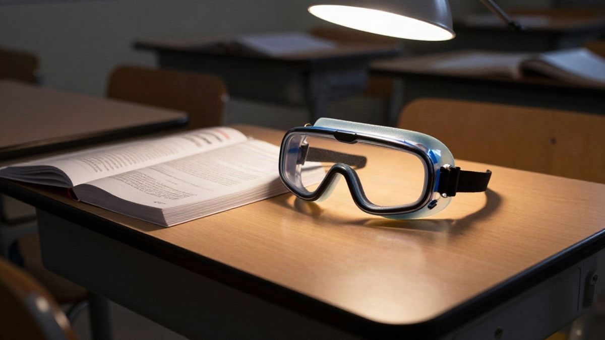 Imagen ilustrativa: gafas de realidad virtual sobre un pupitre junto a un libro de historia en un aula iluminada de noche