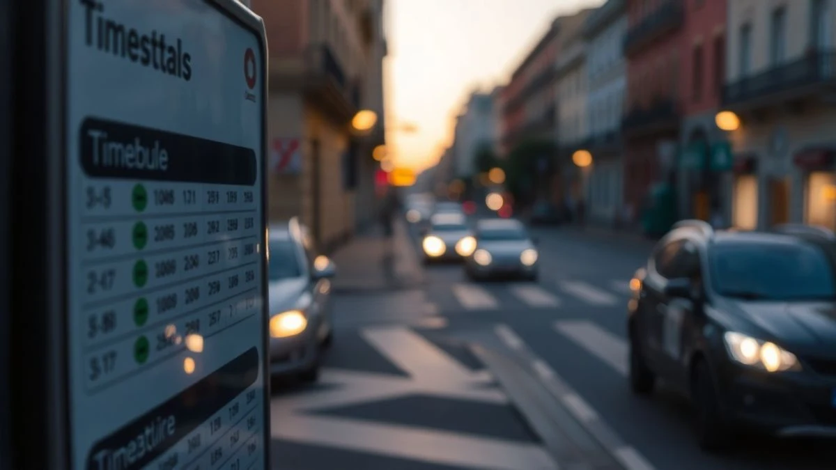 Imagen ilustrativa: primer plano de un horario de autobús con fondo urbano desenfocado al atardecer