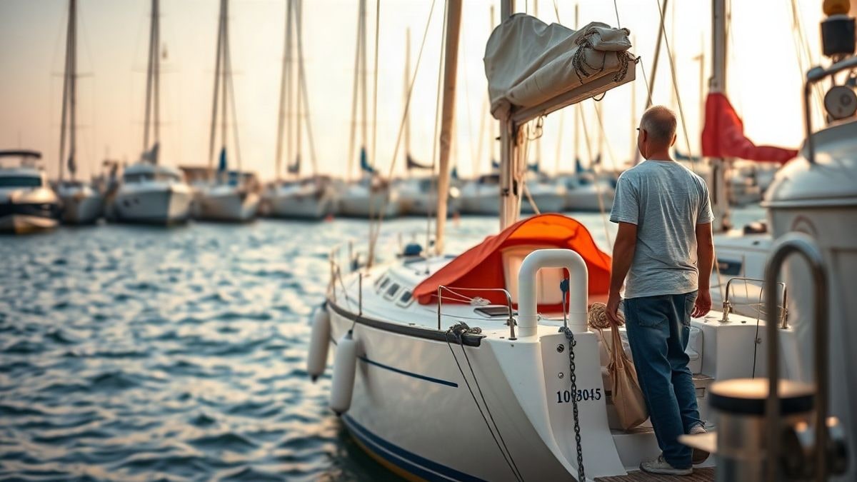Imagen ilustrativa: un barco velero atracado en un puerto deportivo, con un hombre de espaldas mirando al mar.