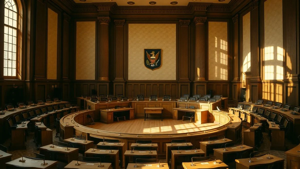 Illustrative image: interior of an empty municipal plenary hall, with natural light coming through a side window