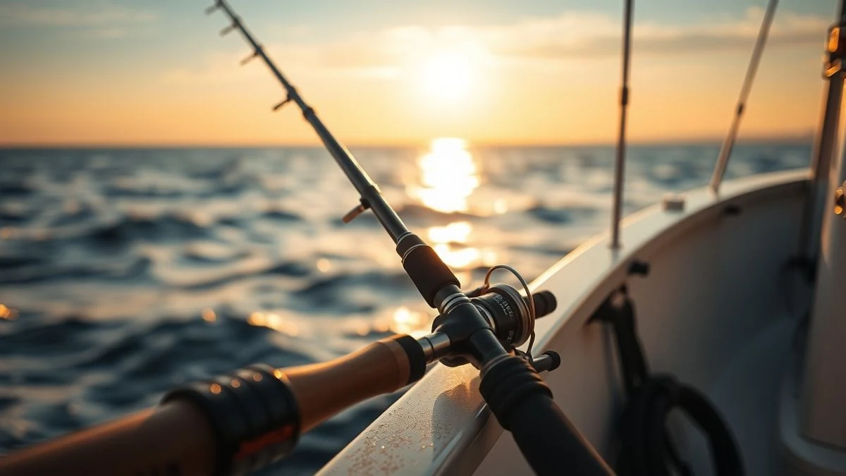 Fishing rod on an anchored boat in the Mediterranean Sea at sunset