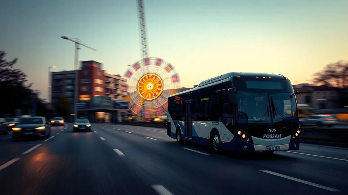 Imagen ilustrativa: un autobús interurbano circulando por una autopista al atardecer, con luces de feria al fondo.