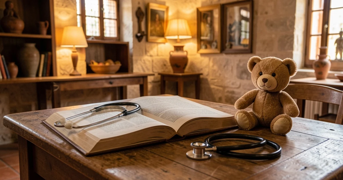 Libro abierto sobre una mesa con un estetoscopio y un osito de peluche
