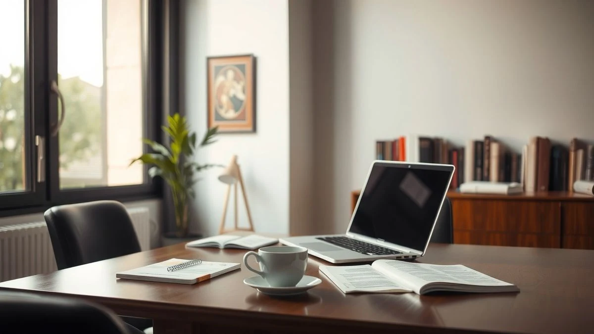 Office with laptop, coffee cup and documents illuminated by side light from window