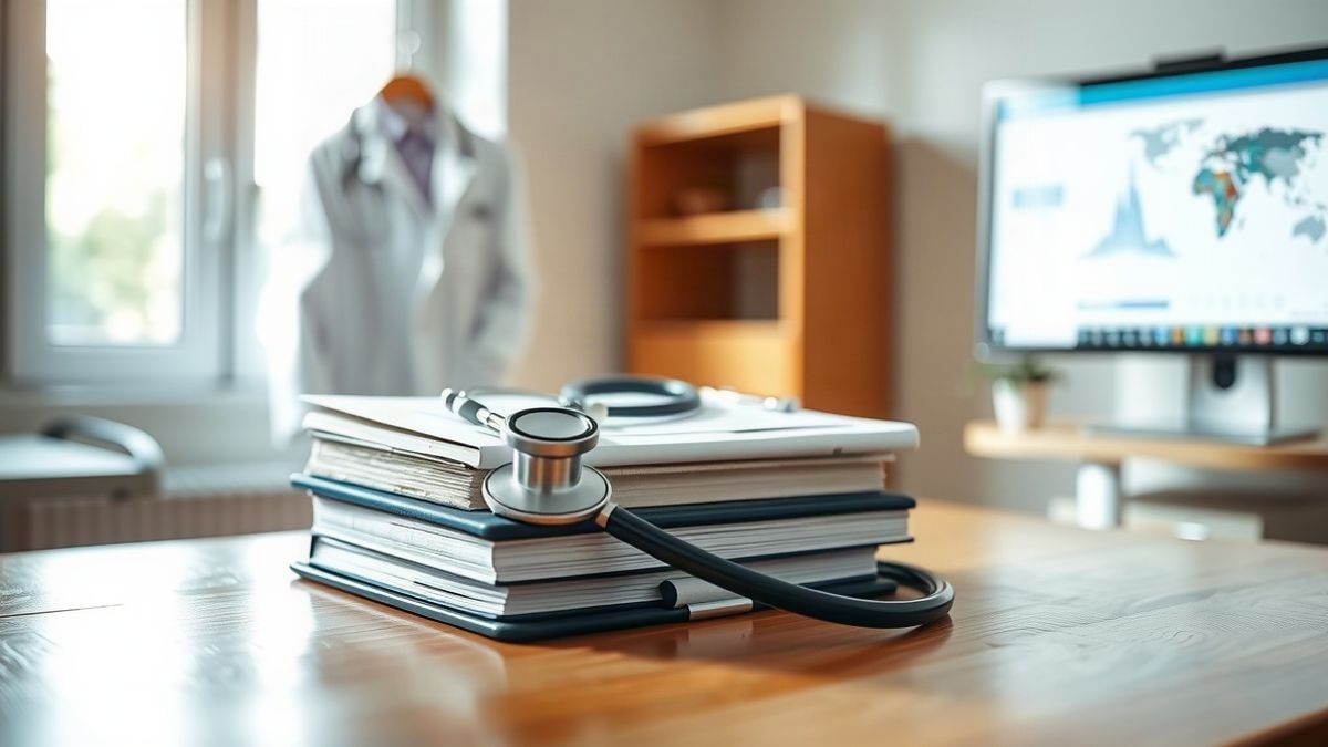 Illustrative image: a stethoscope on medical books and a blank exam, with natural window light and a blurred background.